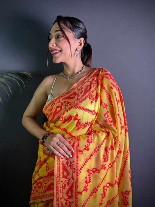 Traditional Yellow Dhakai Jamdani Saree