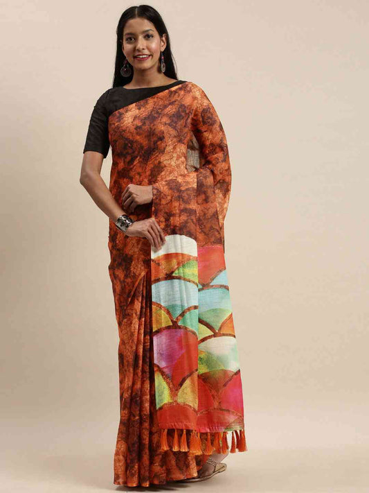 Exclusive Brown Colour Soft Linen Ombre Digital Print Festive Saree