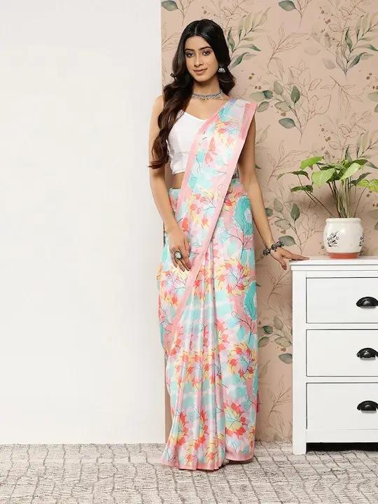 Soft Satin Georgette Pristel Colour Party Wear Saree