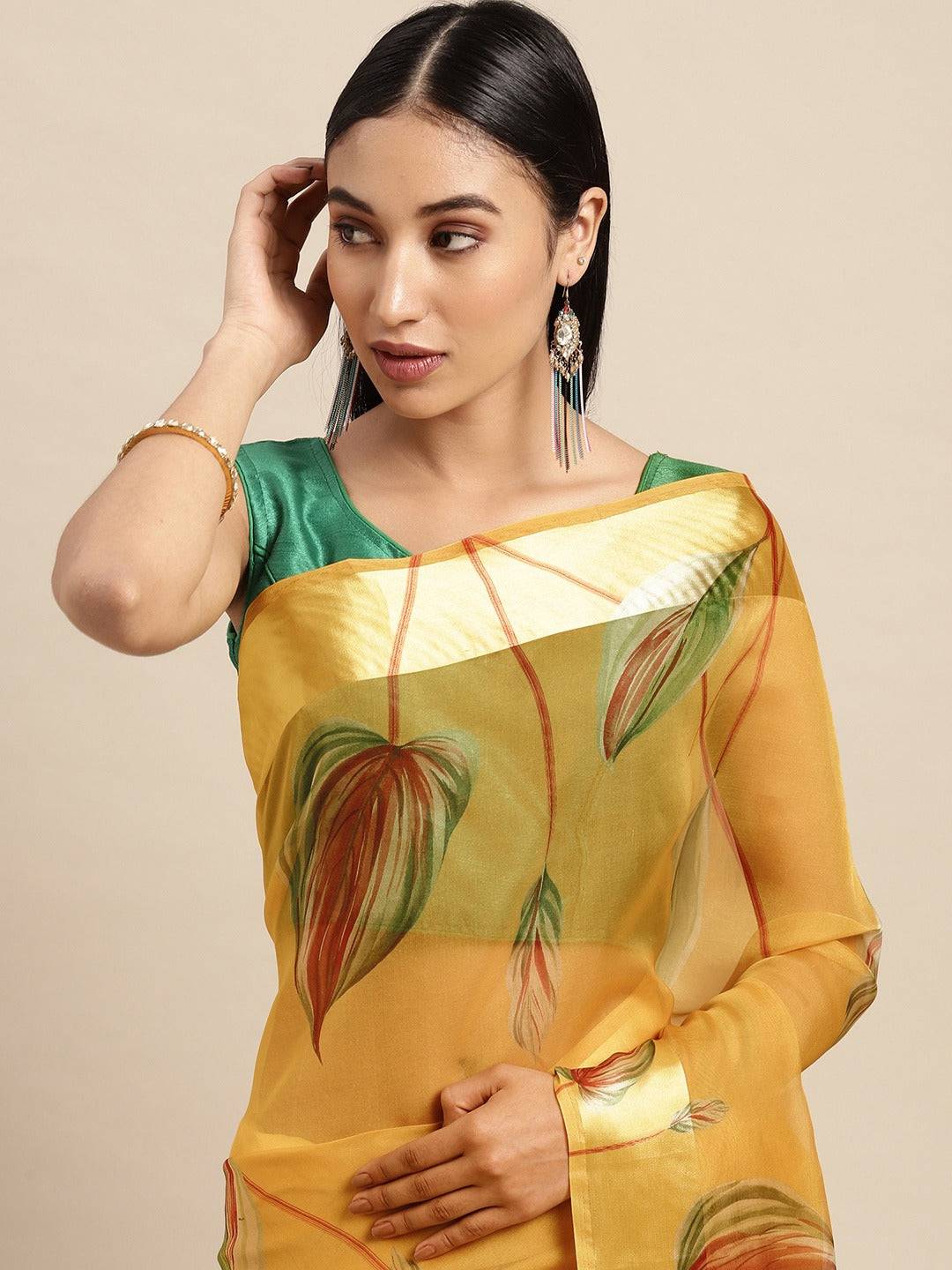 Yellow Soft Organza Saree with Satin Border and Flower Digital Print