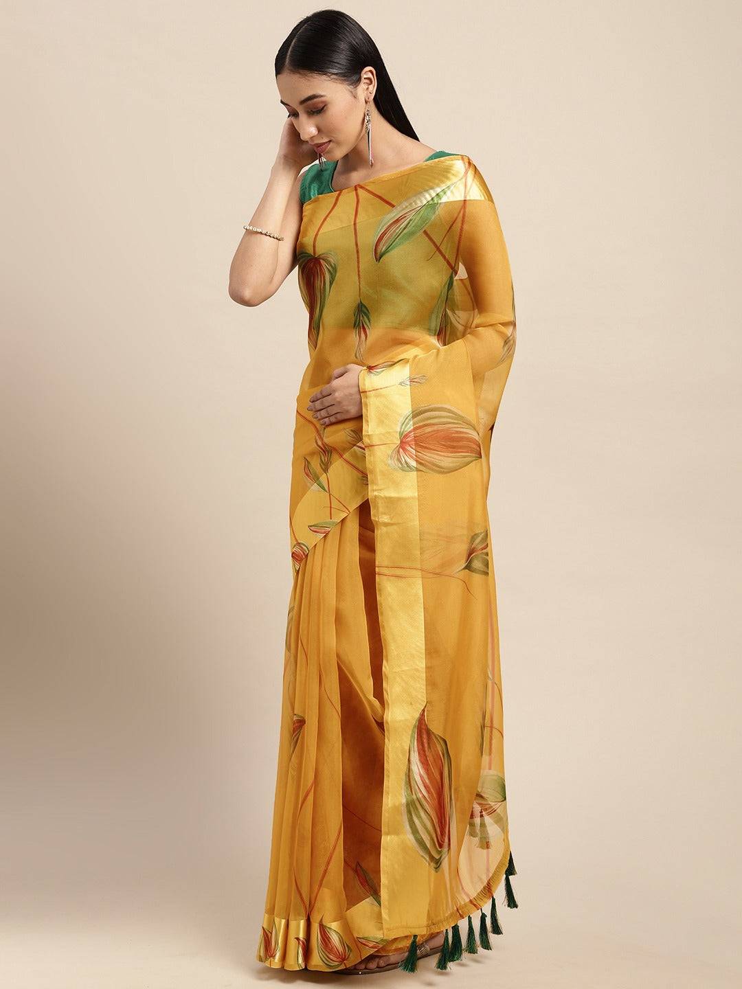 Yellow Soft Organza Saree with Satin Border and Flower Digital Print