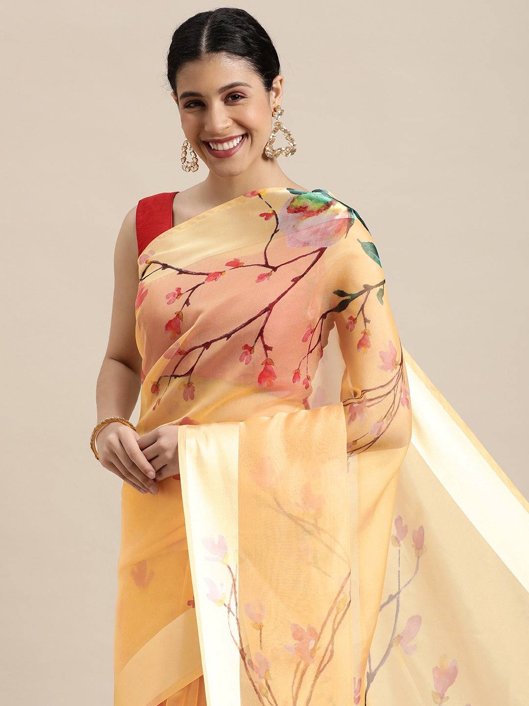 Orange Soft Organza Saree with Satin Border and Flower Digital Print