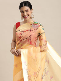 Orange Soft Organza Saree with Satin Border and Flower Digital Print
