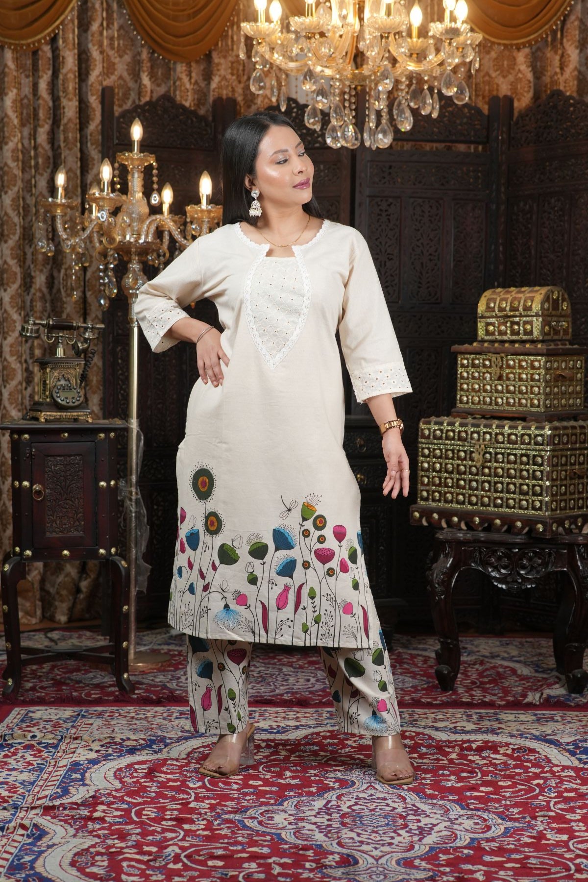 Ivory Floral Painted pure cotton kurta set for women