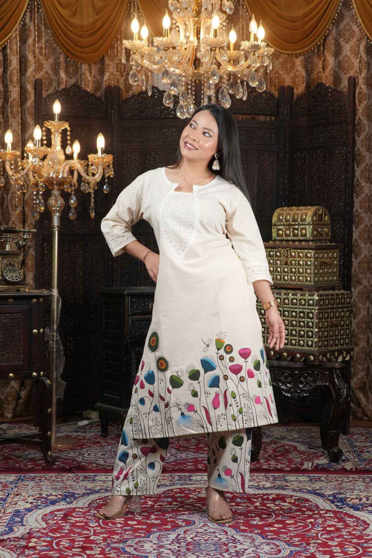 Ivory Floral Painted pure cotton kurta set for women