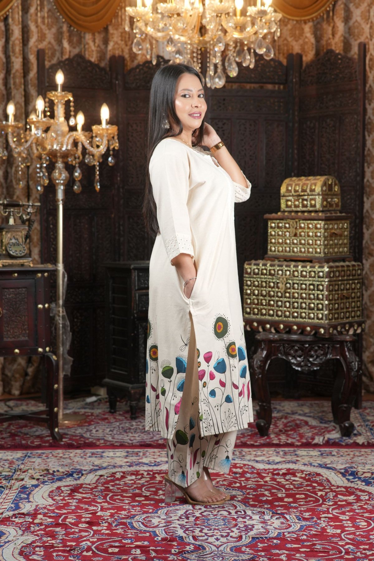Ivory Floral Painted pure cotton kurta set for women