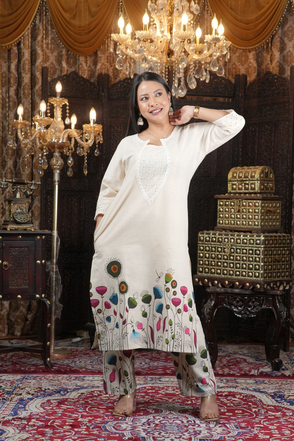 Ivory Floral Painted pure cotton kurta set for women