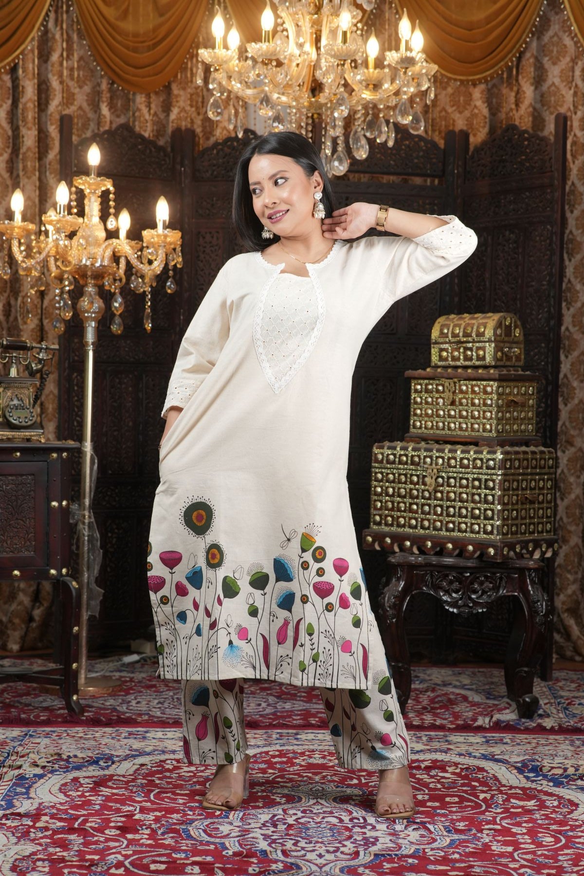 Ivory Floral Painted pure cotton kurta set for women