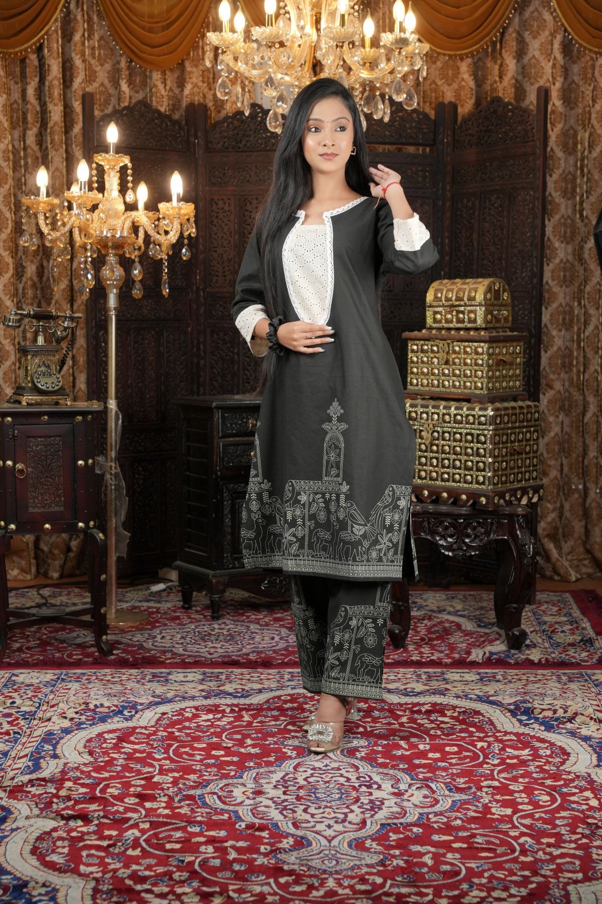 Tantikaa Midnight Folk Art Printed cotton kurts set