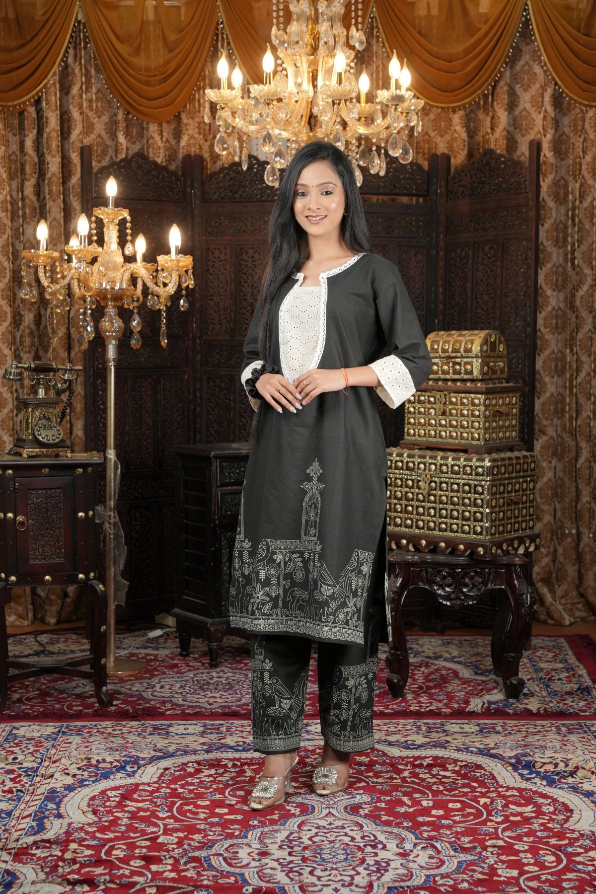 Tantikaa Midnight Folk Art Printed cotton kurts set