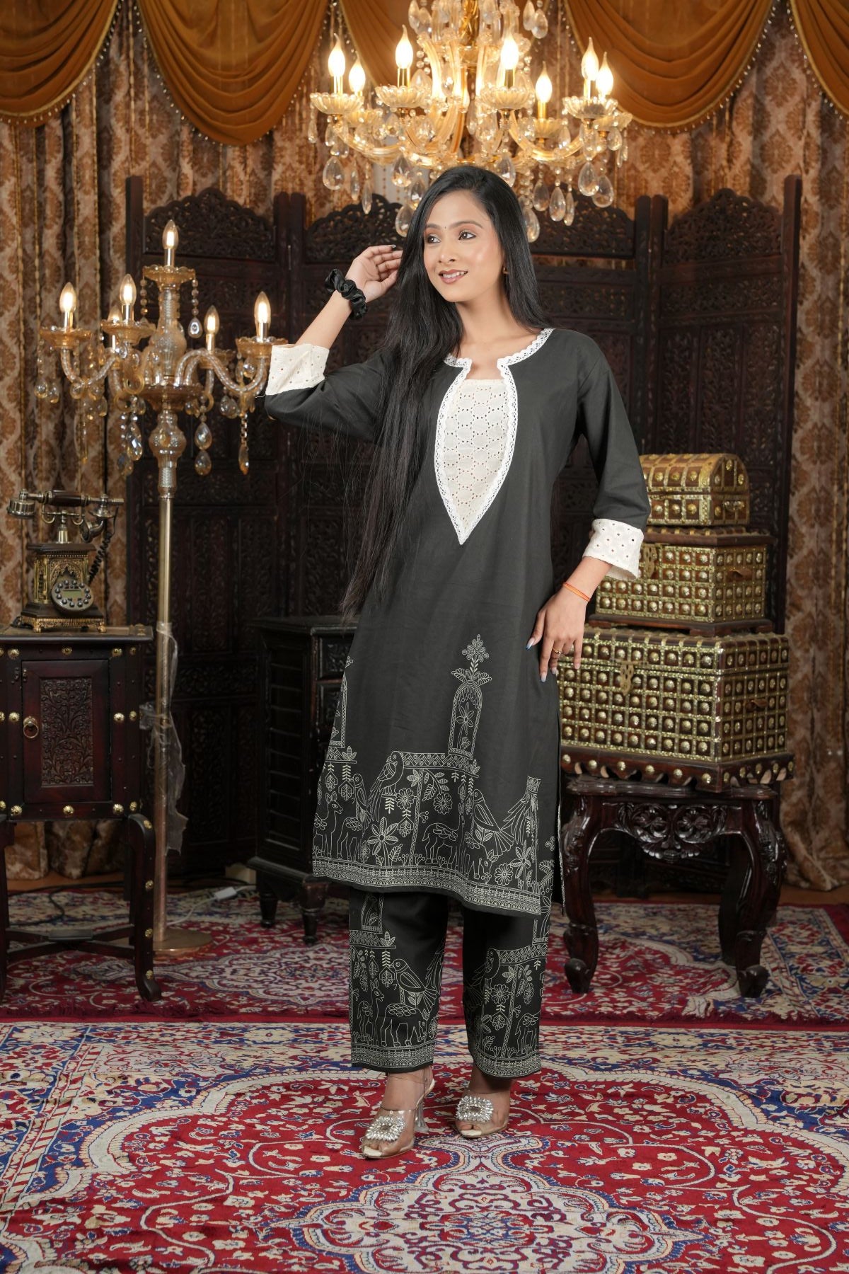 Tantikaa Midnight Folk Art Printed cotton kurts set