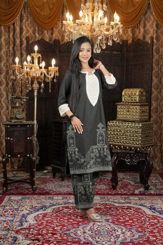 Tantikaa Midnight Folk Art Printed cotton kurts set