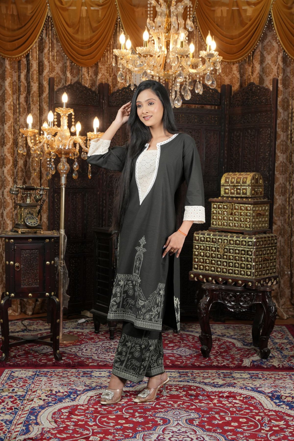Tantikaa Midnight Folk Art Printed cotton kurts set