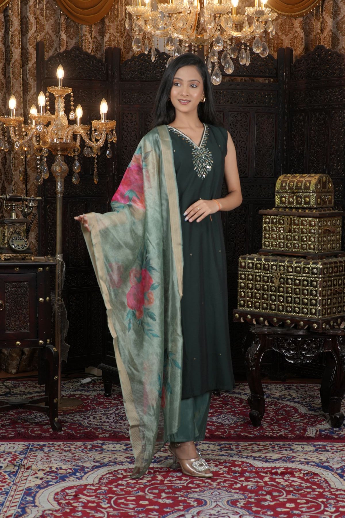 Tantikaa Emerald Green Embroided Kurta Set with Floral Dupatta