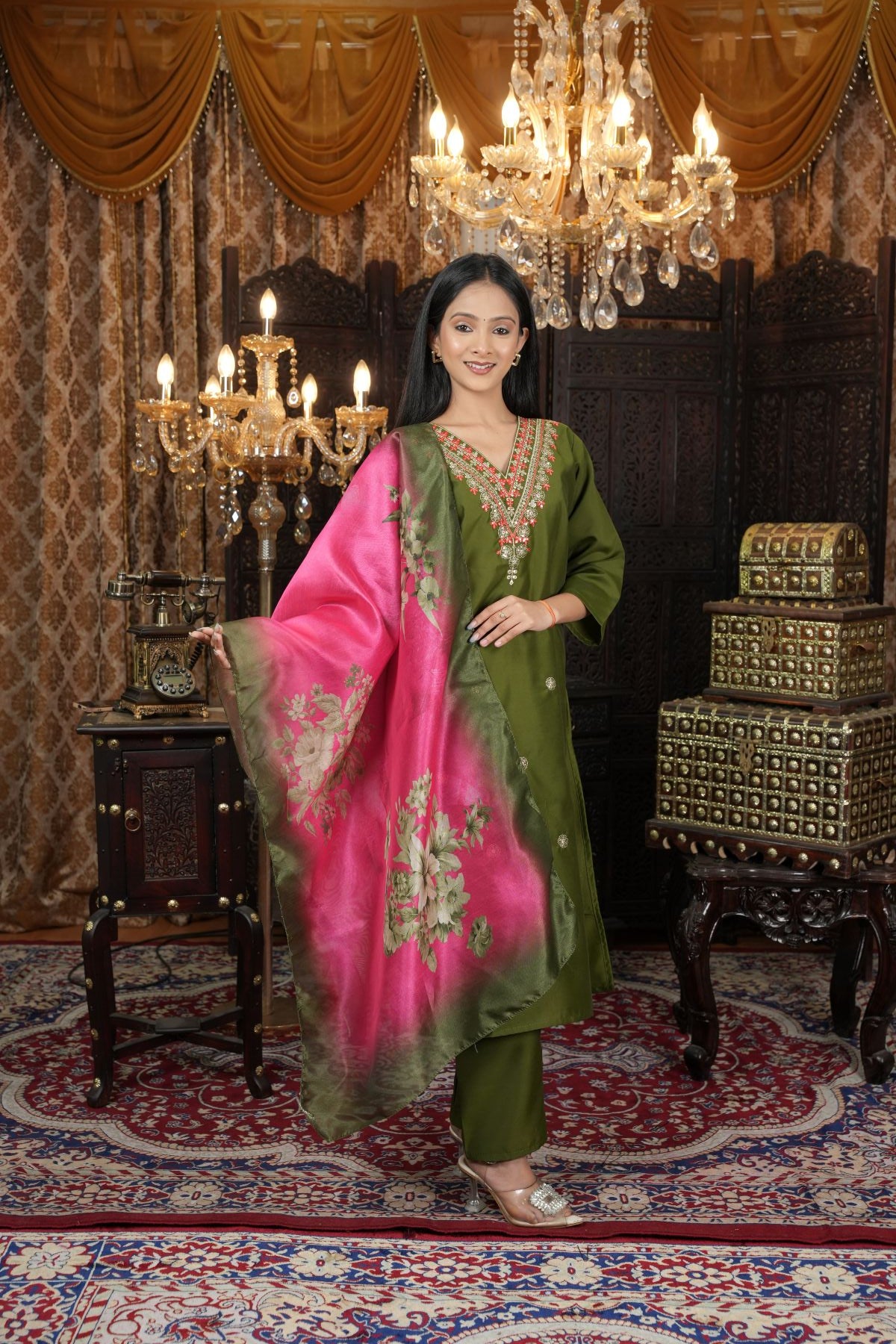 Tantikaa Olive Green Embroided Kurta Sets with Floral Silk Dupatta