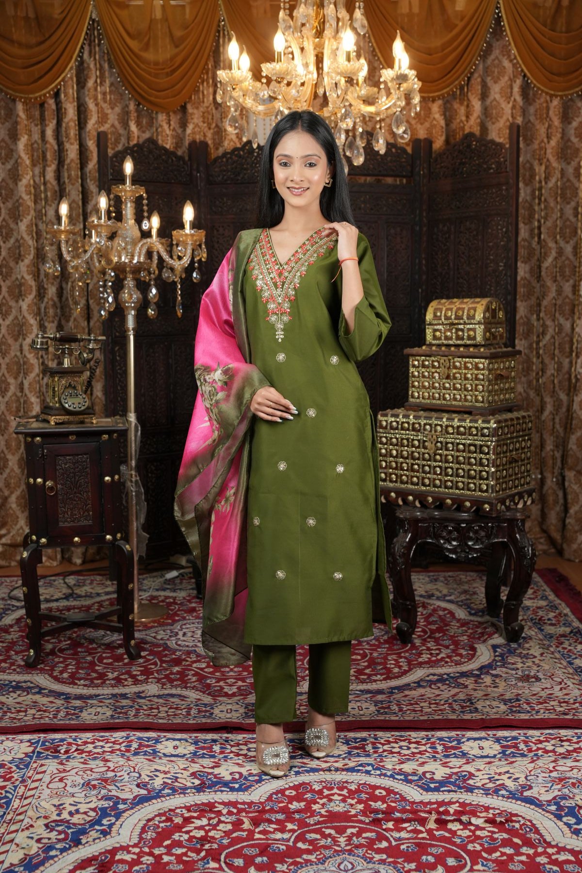 Tantikaa Olive Green Embroided Kurta Sets with Floral Silk Dupatta