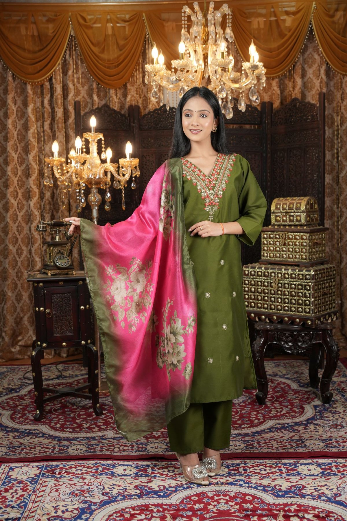 Tantikaa Olive Green Embroided Kurta Sets with Floral Silk Dupatta