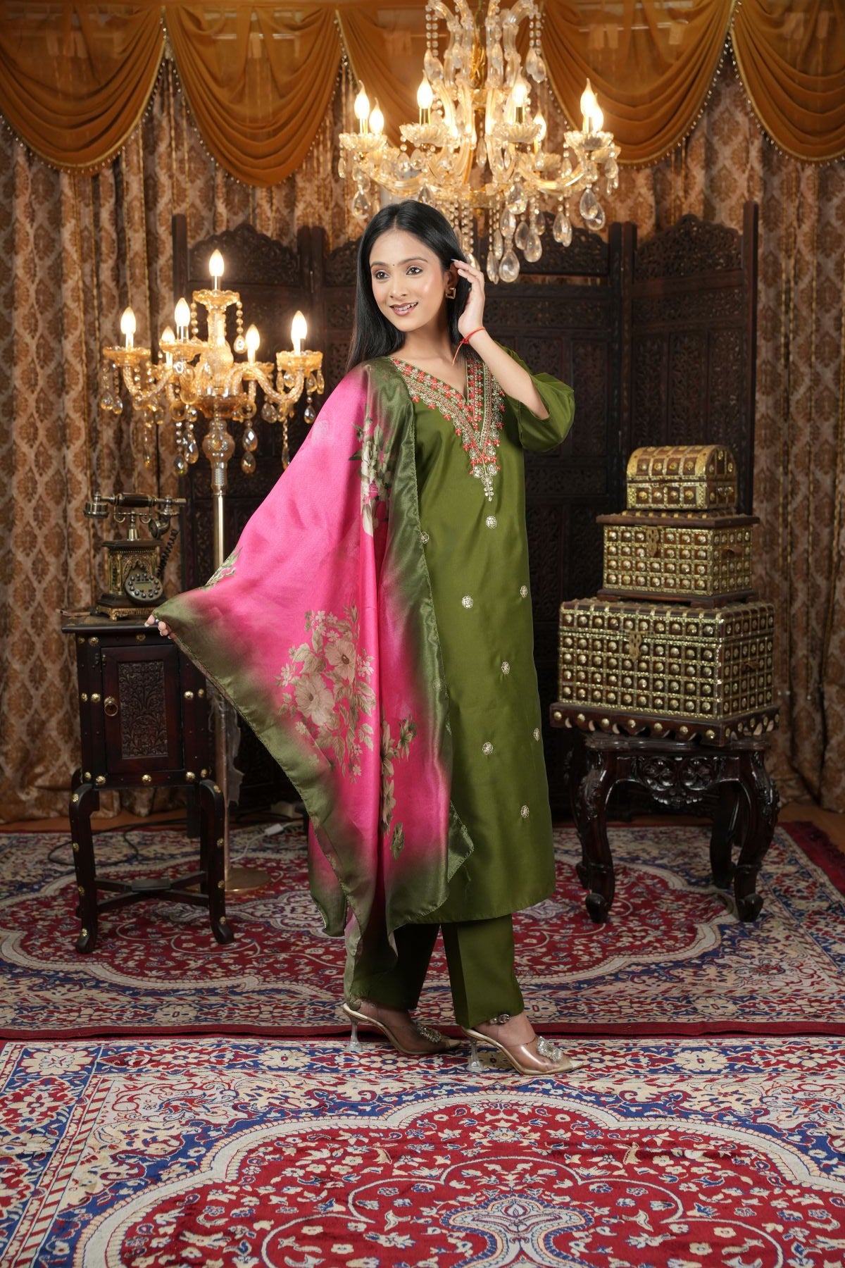 Tantikaa Olive Green Embroided Kurta Sets with Floral Silk Dupatta