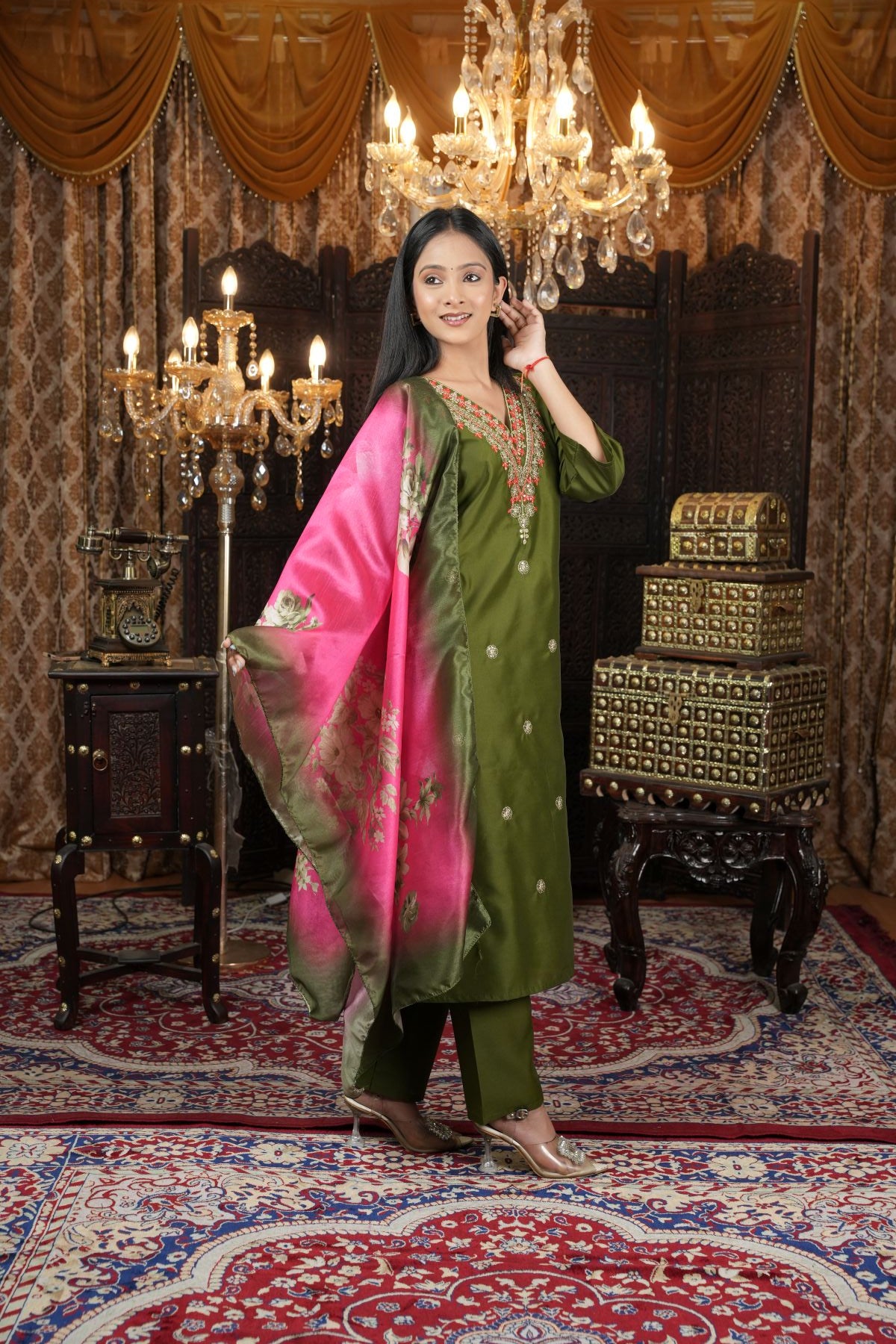 Tantikaa Olive Green Embroided Kurta Sets with Floral Silk Dupatta