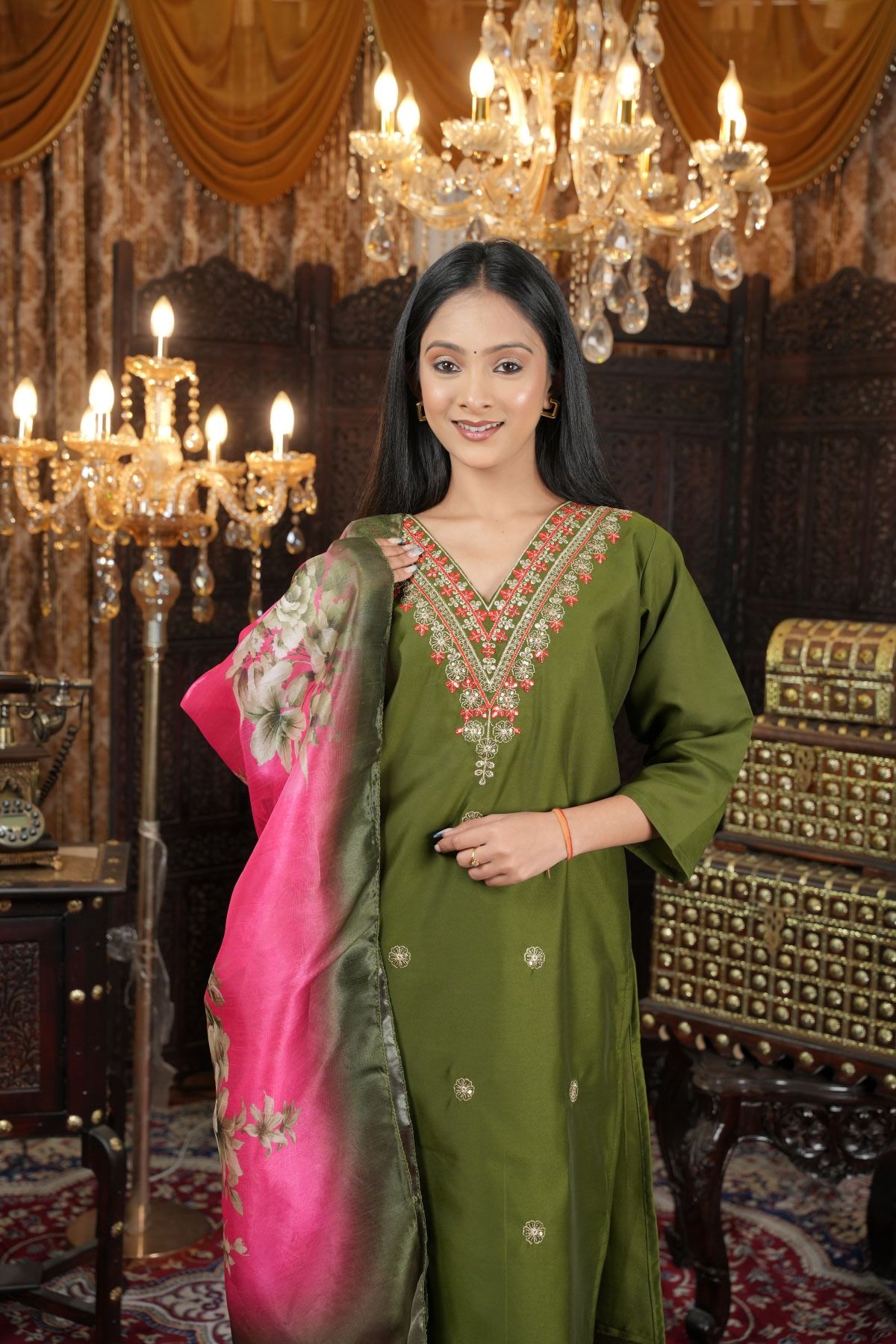 Tantikaa Olive Green Embroided Kurta Sets with Floral Silk Dupatta