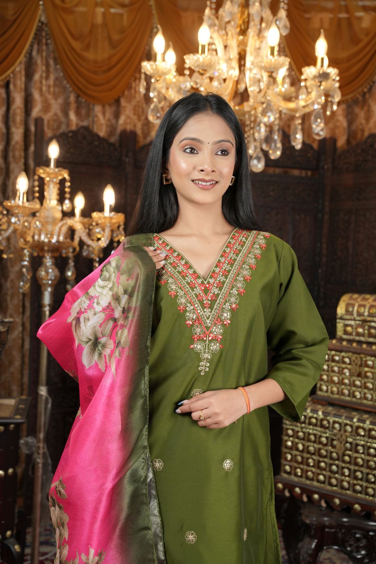 Tantikaa Olive Green Embroided Kurta Sets with Floral Silk Dupatta