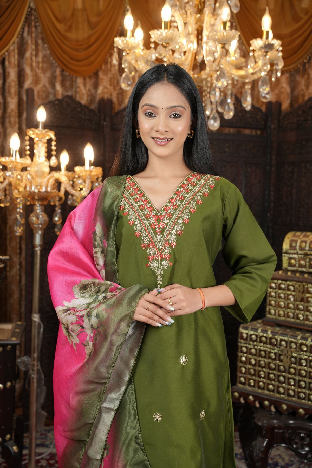 Tantikaa Olive Green Embroided Kurta Sets with Floral Silk Dupatta