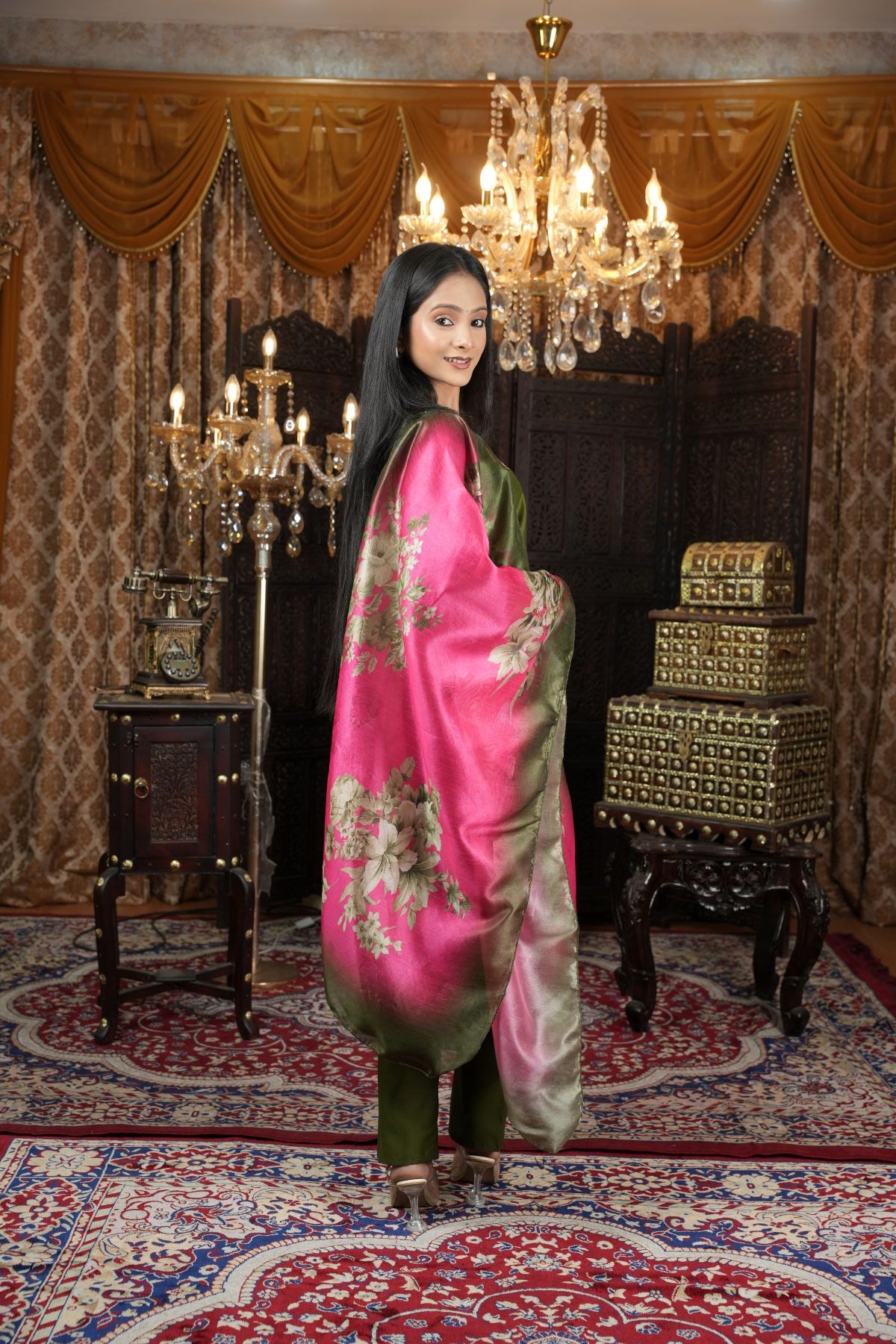 Tantikaa Olive Green Embroided Kurta Sets with Floral Silk Dupatta