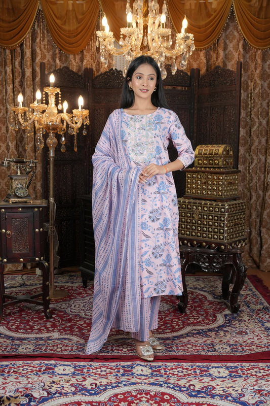 Pastel Bloom Embroided kurta set Dupatta