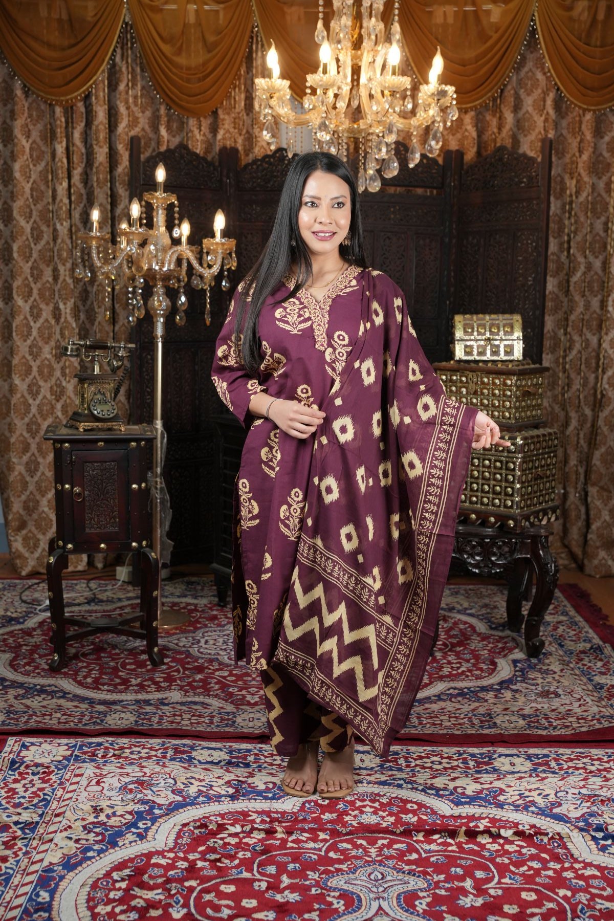 Maroon Ethnic Cambric Cotton Kurta Set With Dupatta