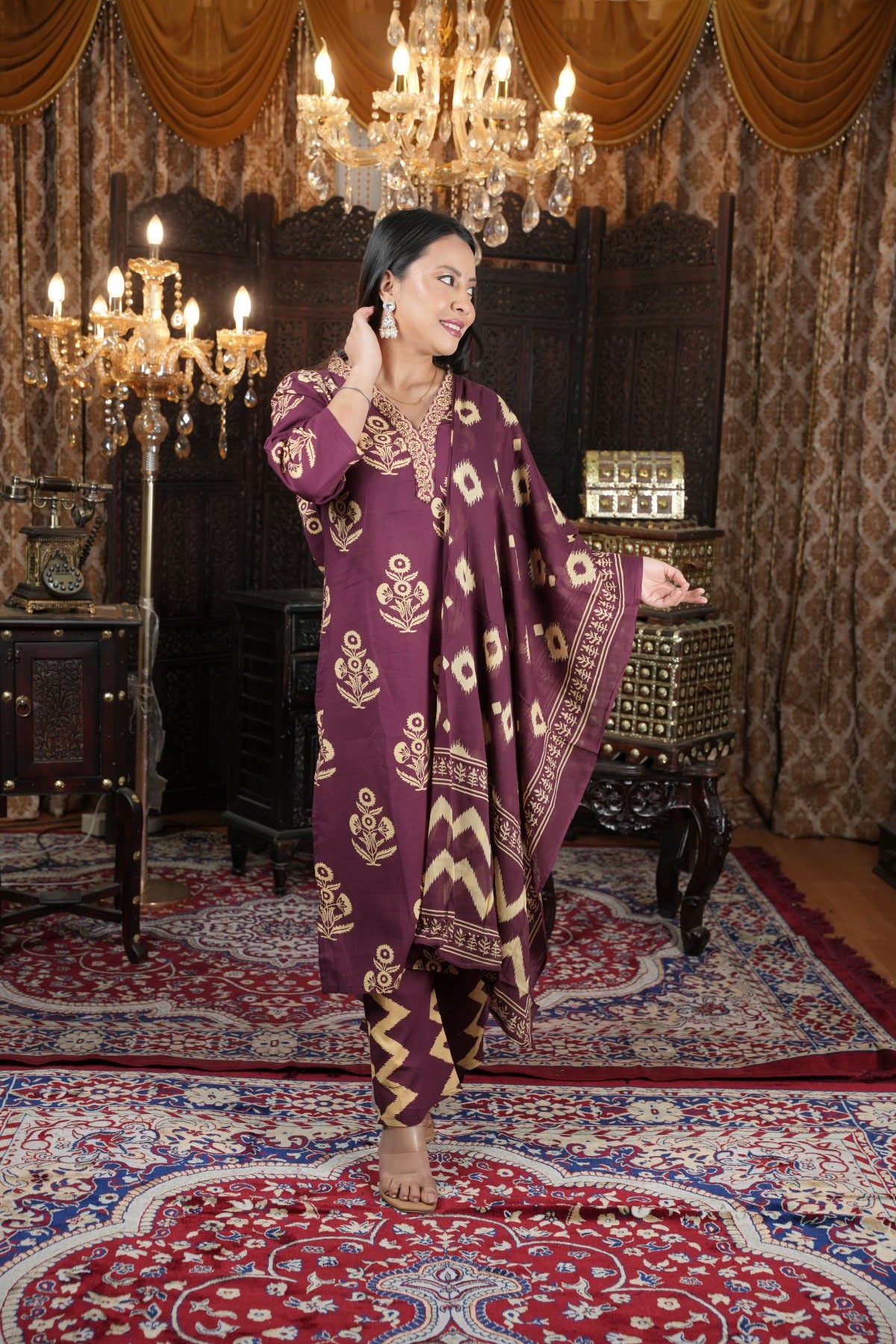 Maroon Ethnic Cambric Cotton Kurta Set With Dupatta
