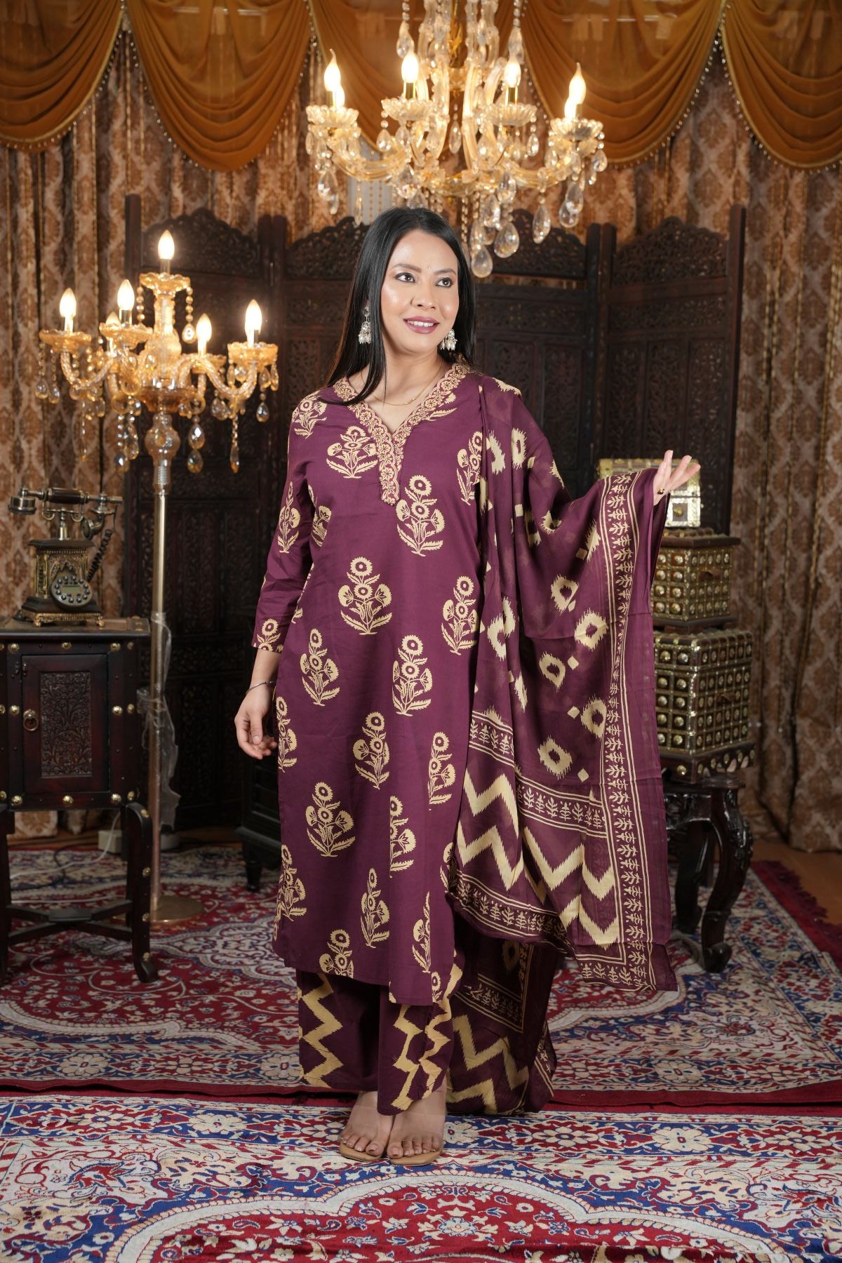 Maroon Ethnic Cambric Cotton Kurta Set With Dupatta