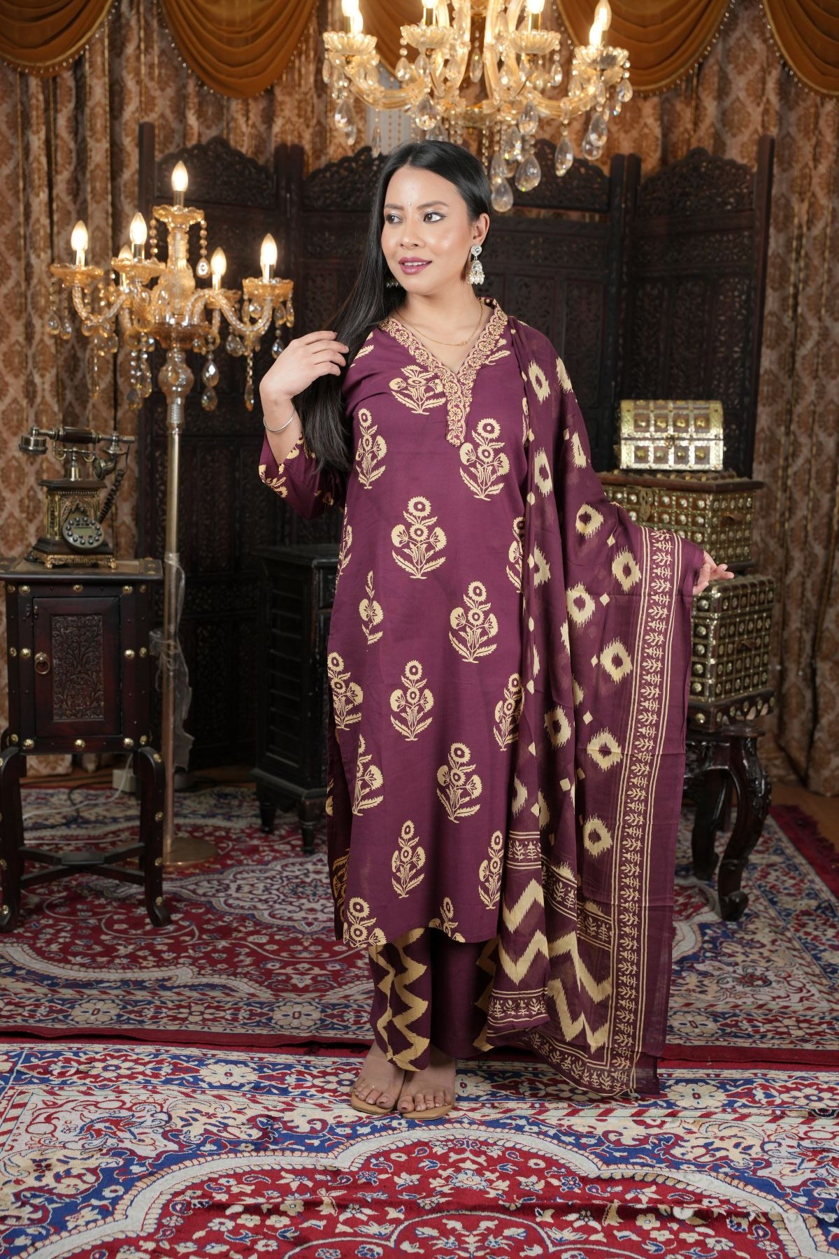 Maroon Ethnic Cambric Cotton Kurta Set With Dupatta