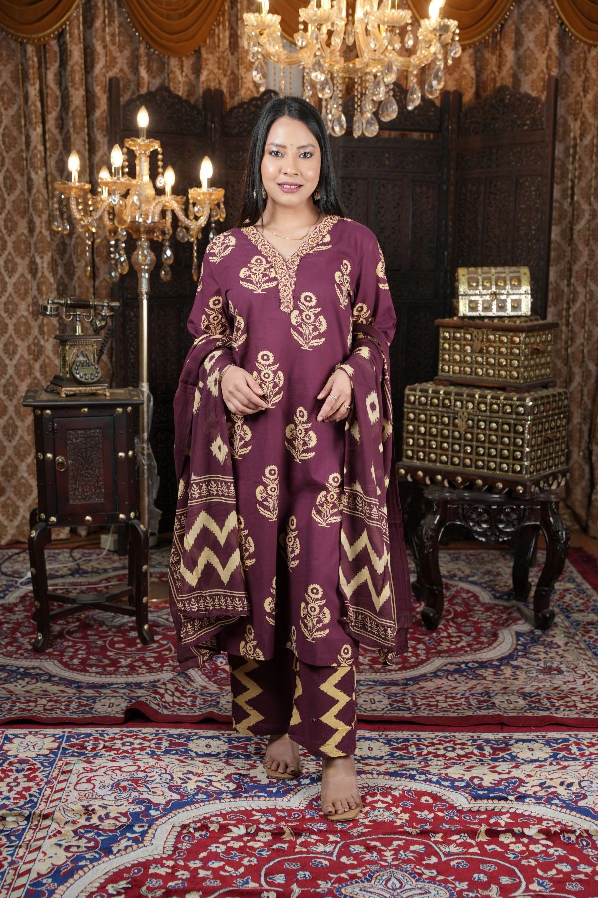 Maroon Ethnic Cambric Cotton Kurta Set With Dupatta