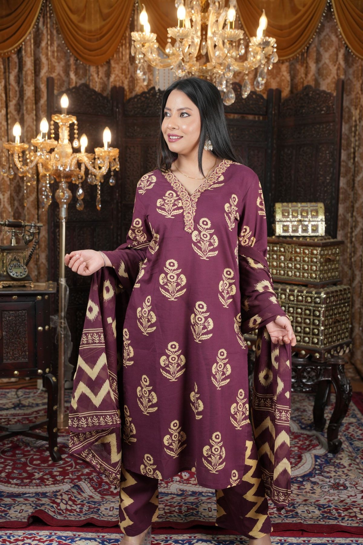 Maroon Ethnic Cambric Cotton Kurta Set With Dupatta