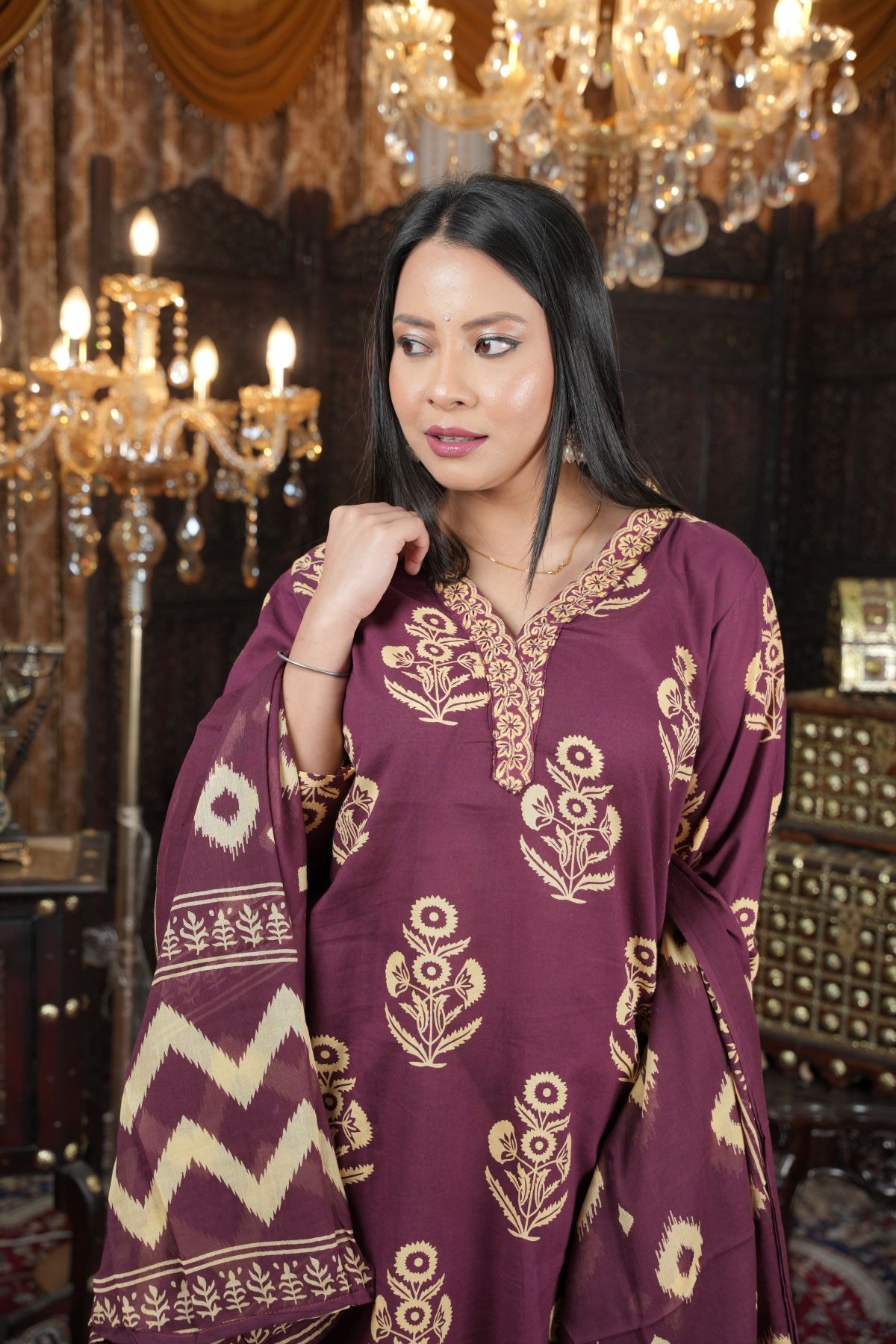 Maroon Ethnic Cambric Cotton Kurta Set With Dupatta