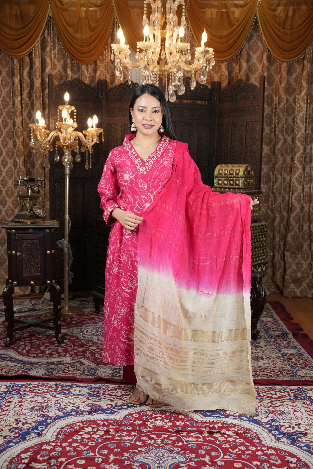 Tantikaa Pink Floral Vatikan Silk Kurta Set With Dupatta
