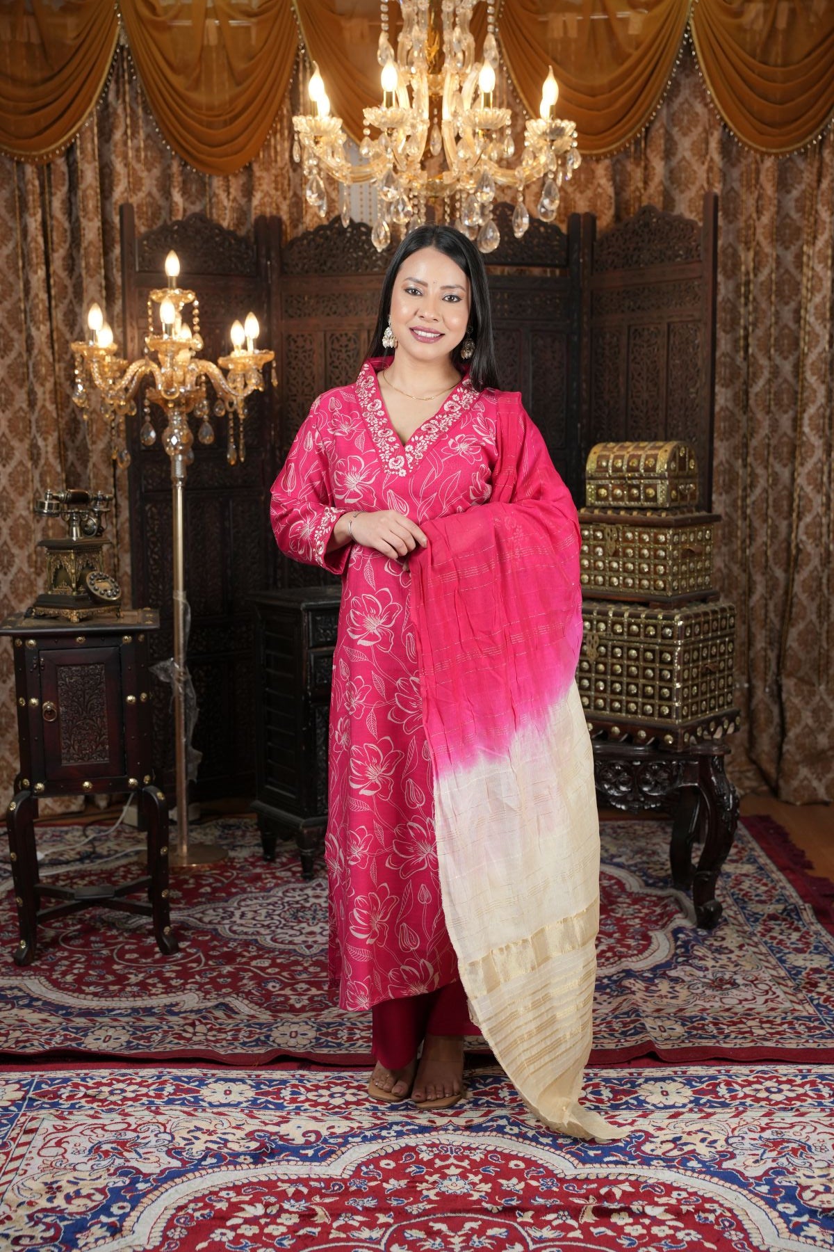 Tantikaa Pink Floral Vatikan Silk Kurta Set With Dupatta