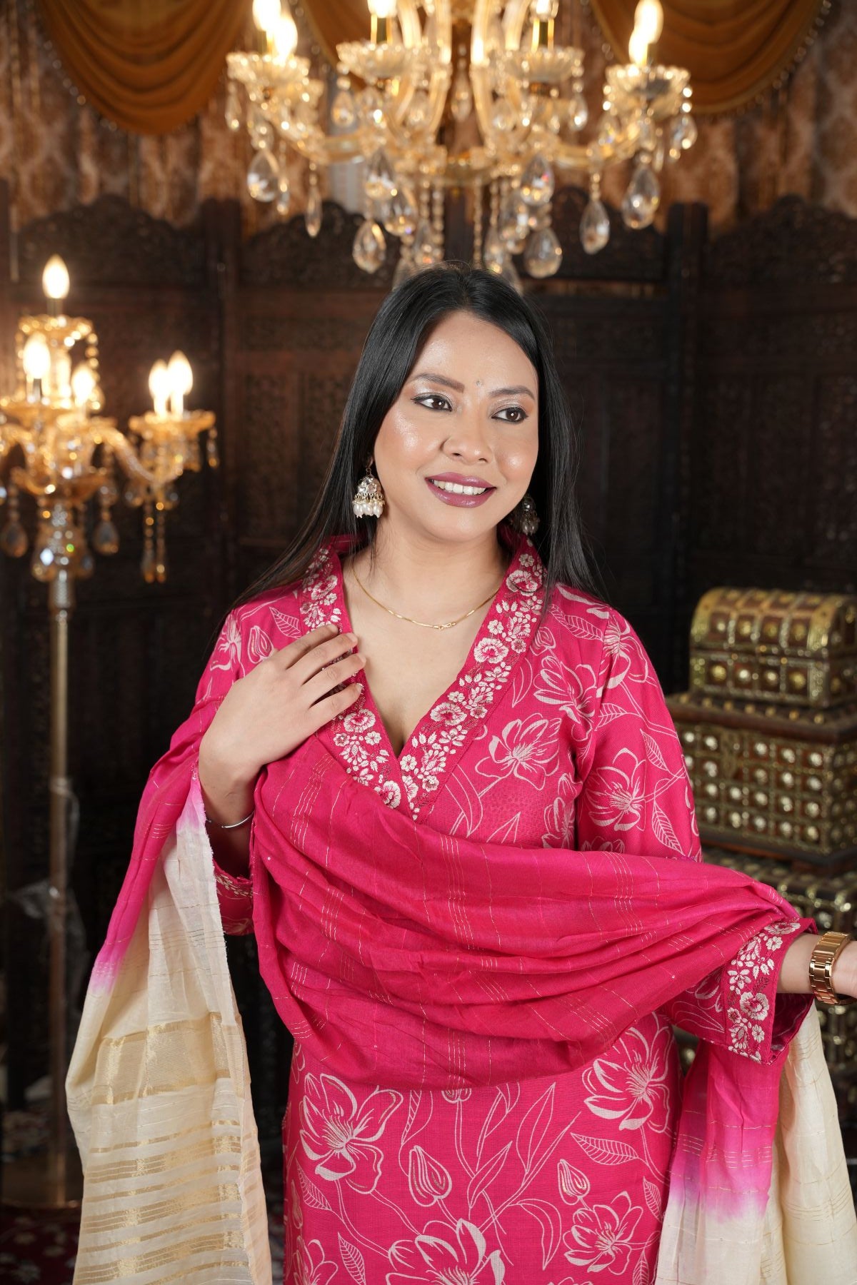 Tantikaa Pink Floral Vatikan Silk Kurta Set With Dupatta