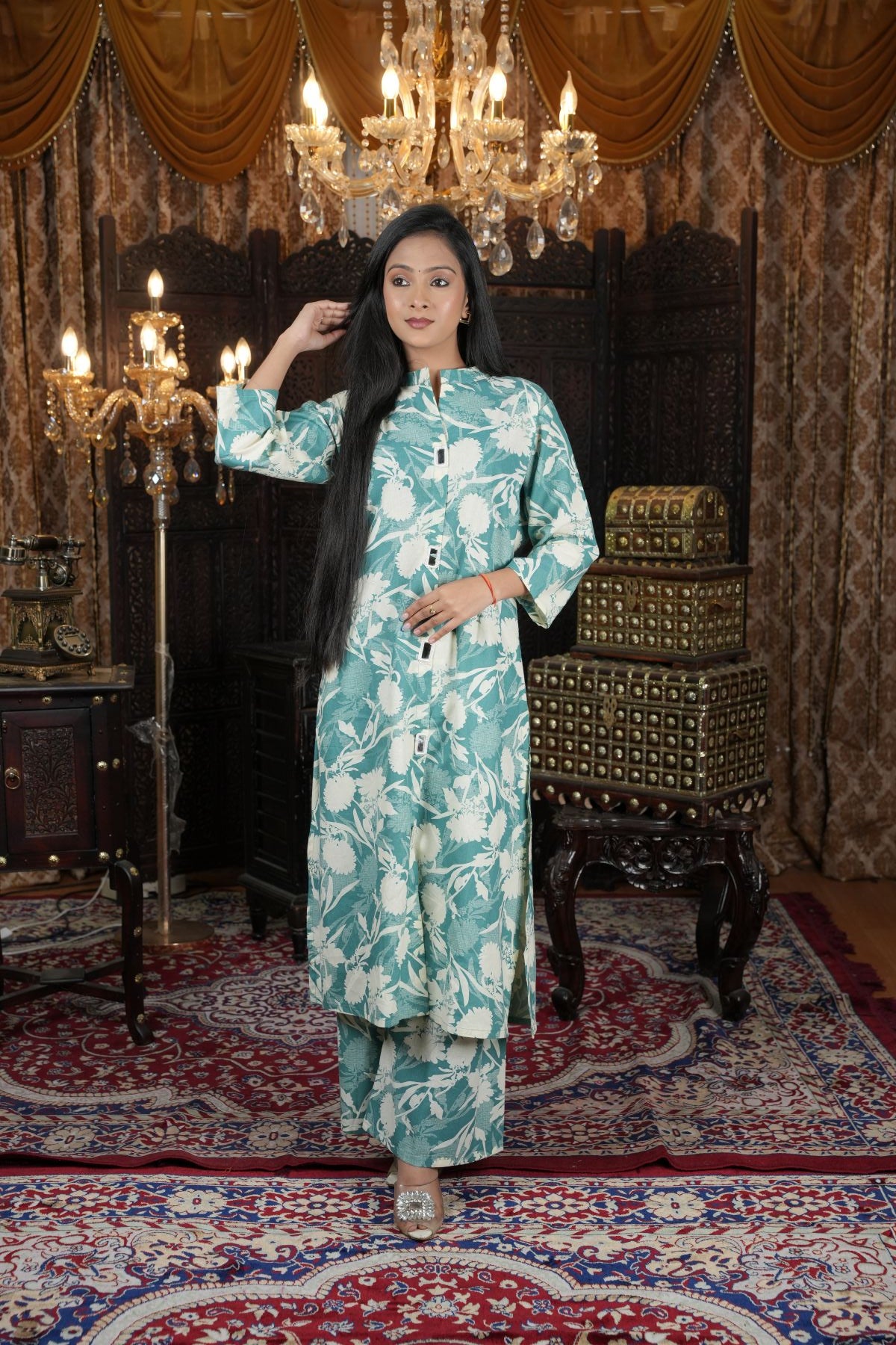 Tantikaa Mint Floral Cambric Cotton Kurta Set