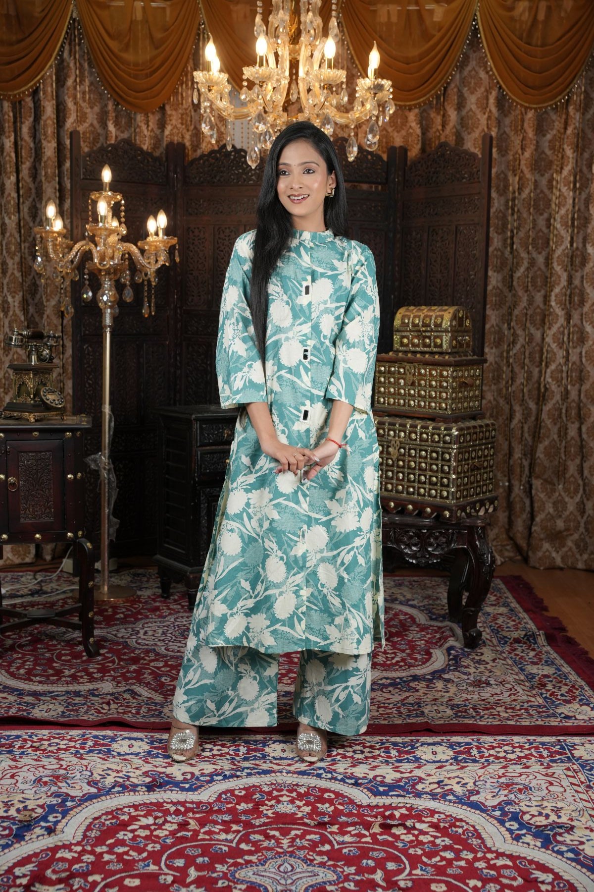 Tantikaa Mint Floral Cambric Cotton Kurta Set