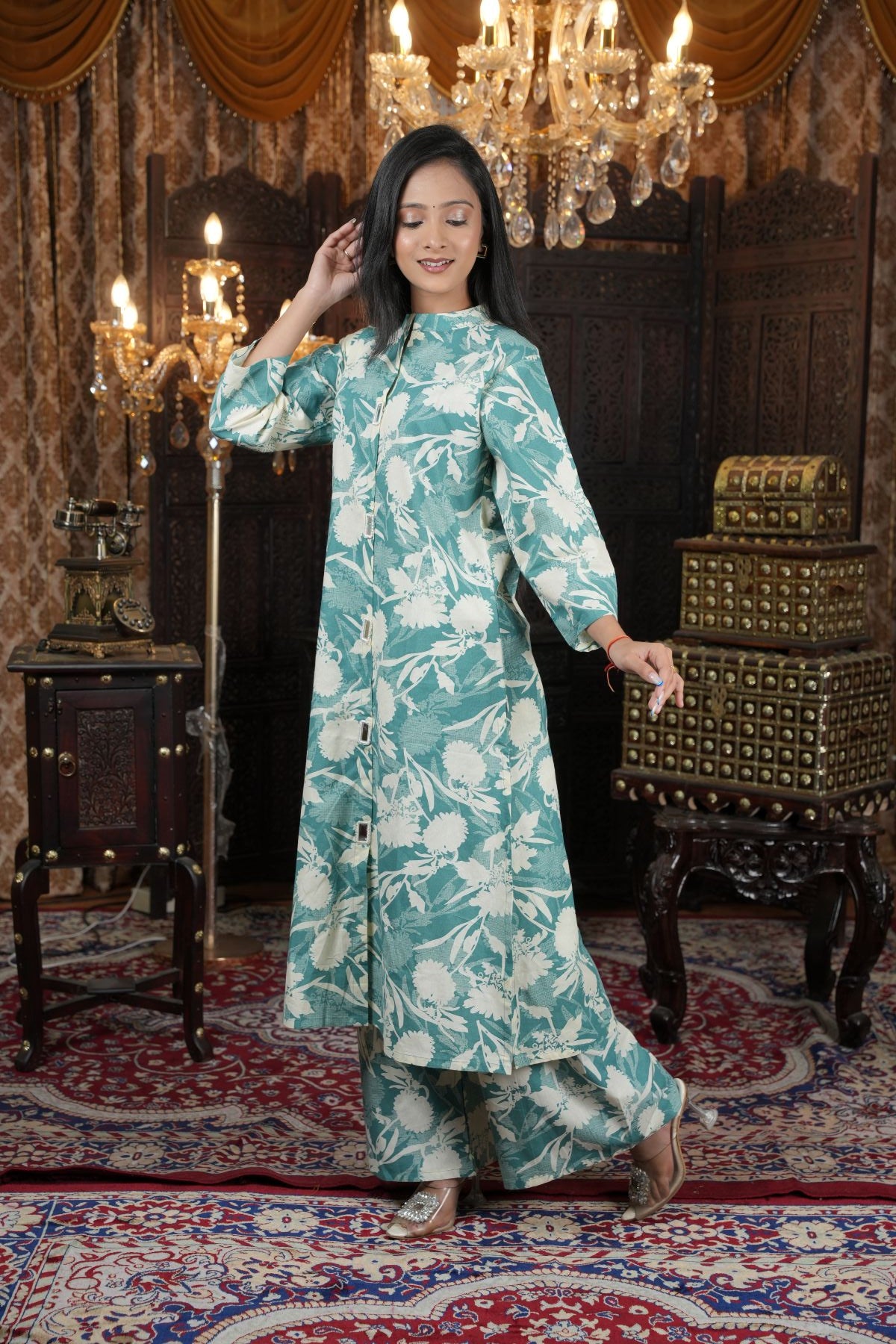 Tantikaa Mint Floral Cambric Cotton Kurta Set