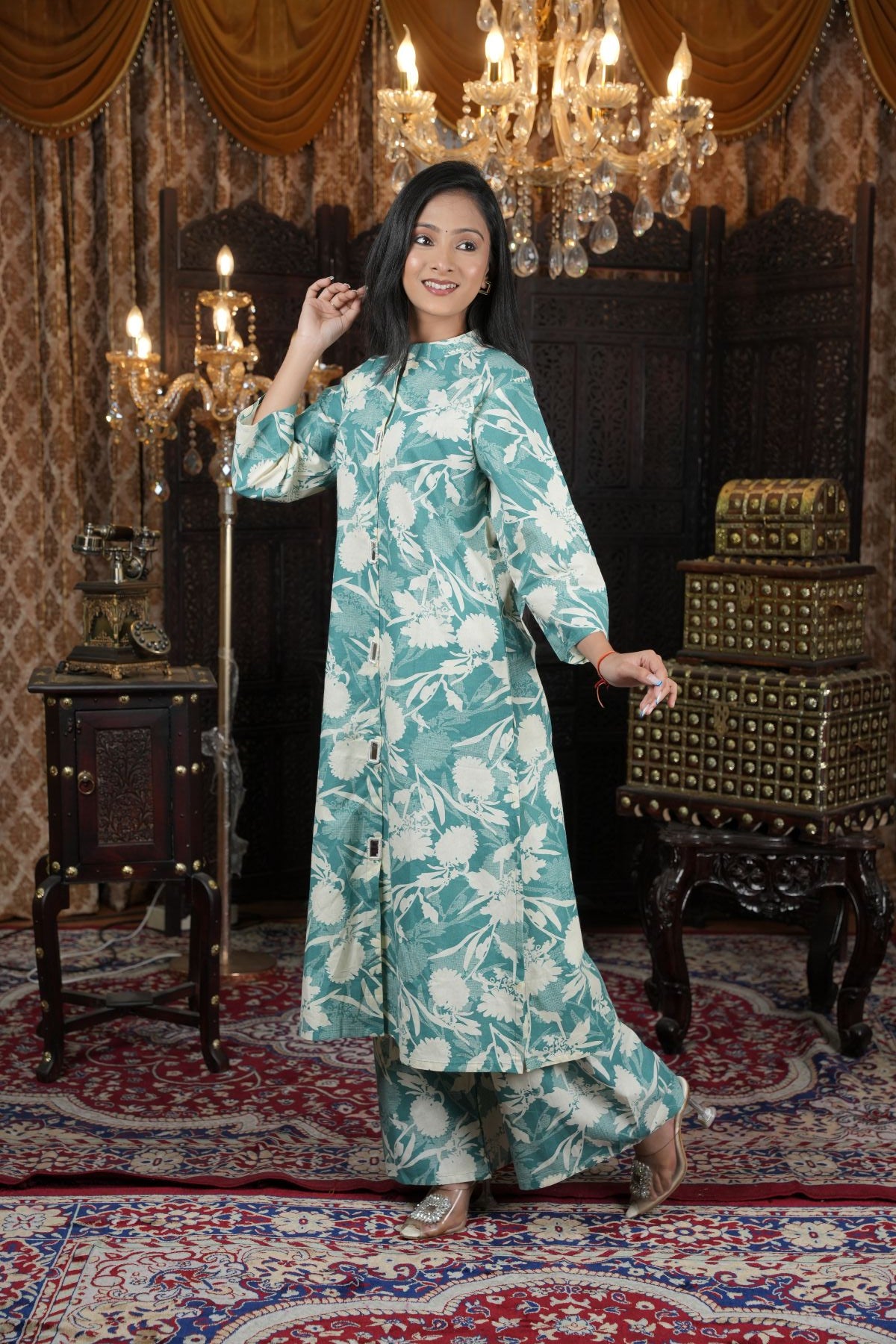 Tantikaa Mint Floral Cambric Cotton Kurta Set