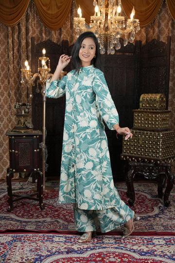 Tantikaa Mint Floral Cambric Cotton Kurta Set
