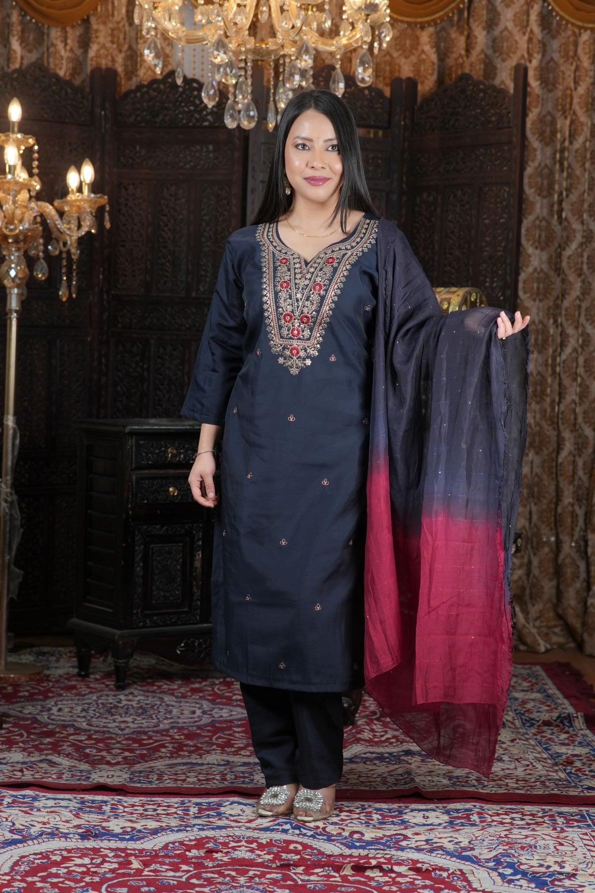 Tantikaa Navy Embroided Roman Silk Kurta Set with Ombre Dupatta