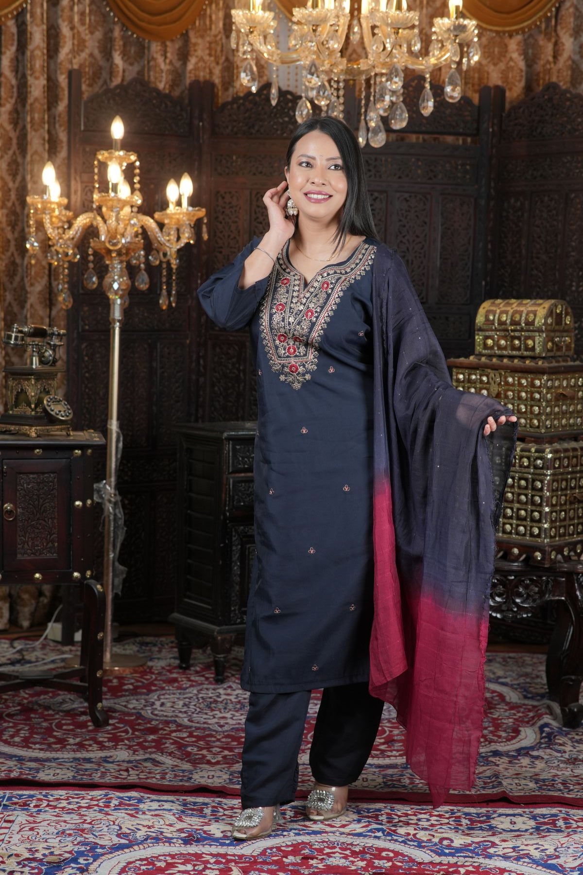 Tantikaa Navy Embroided Roman Silk Kurta Set with Ombre Dupatta