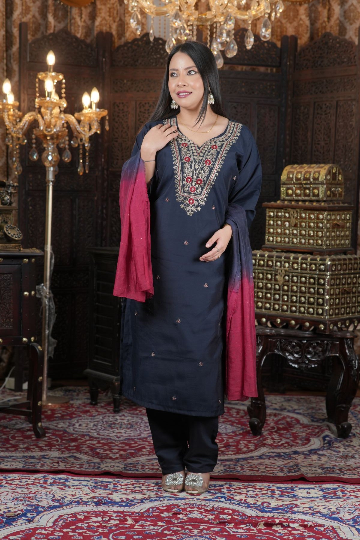 Tantikaa Navy Embroided Roman Silk Kurta Set with Ombre Dupatta