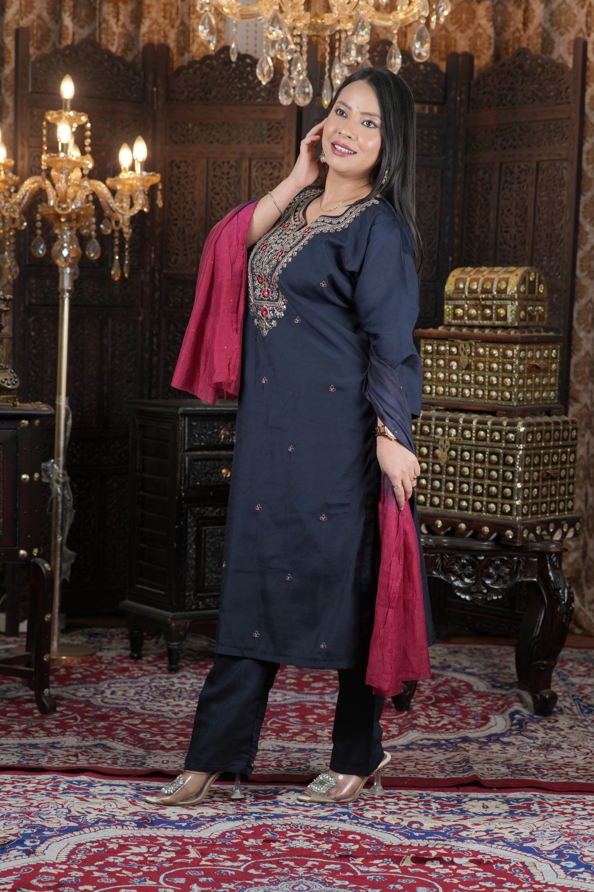 Tantikaa Navy Embroided Roman Silk Kurta Set with Ombre Dupatta
