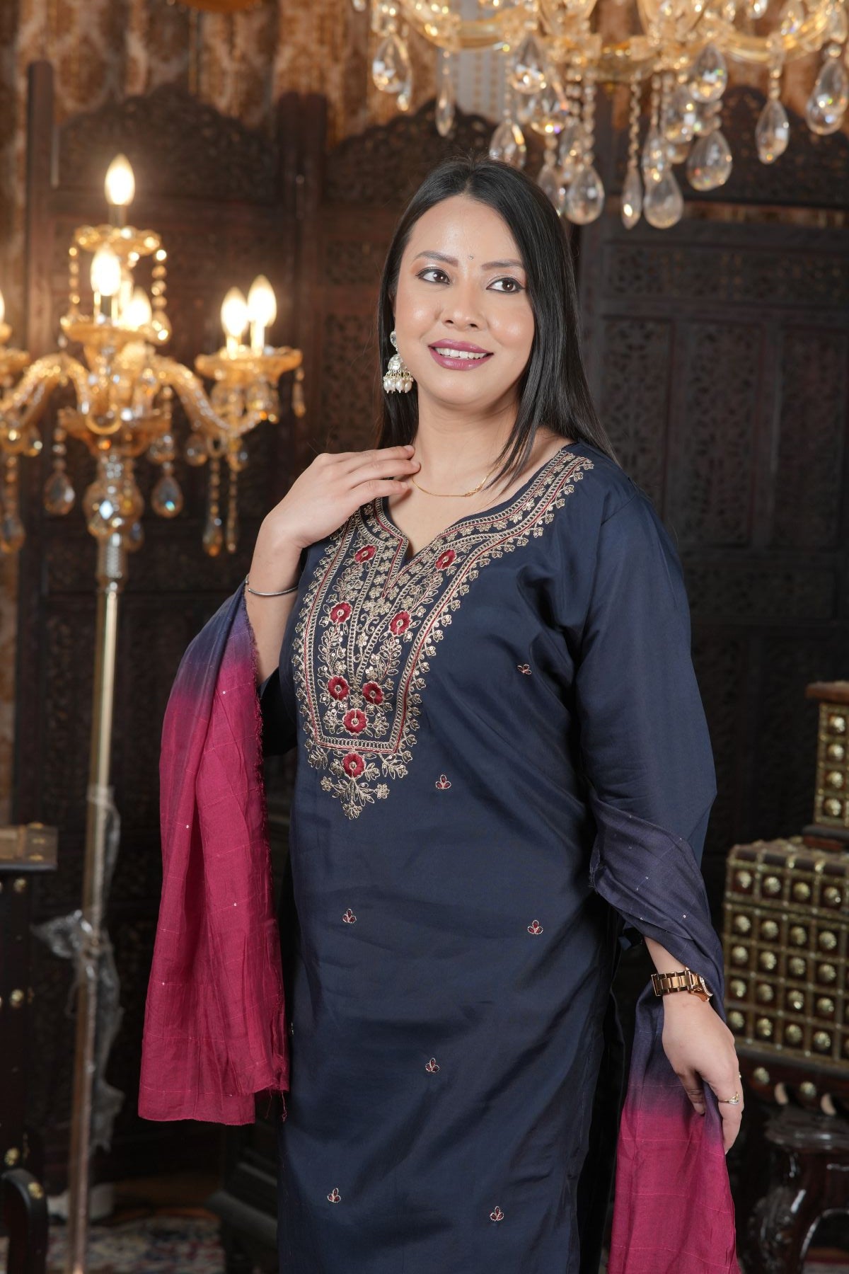 Tantikaa Navy Embroided Roman Silk Kurta Set with Ombre Dupatta