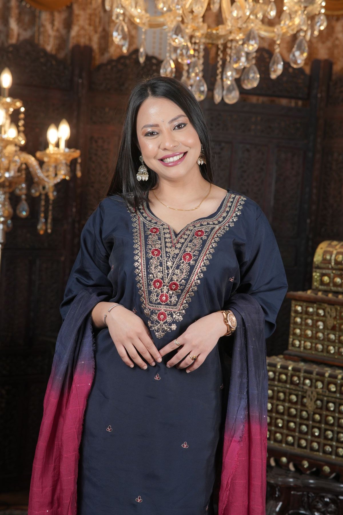 Tantikaa Navy Embroided Roman Silk Kurta Set with Ombre Dupatta