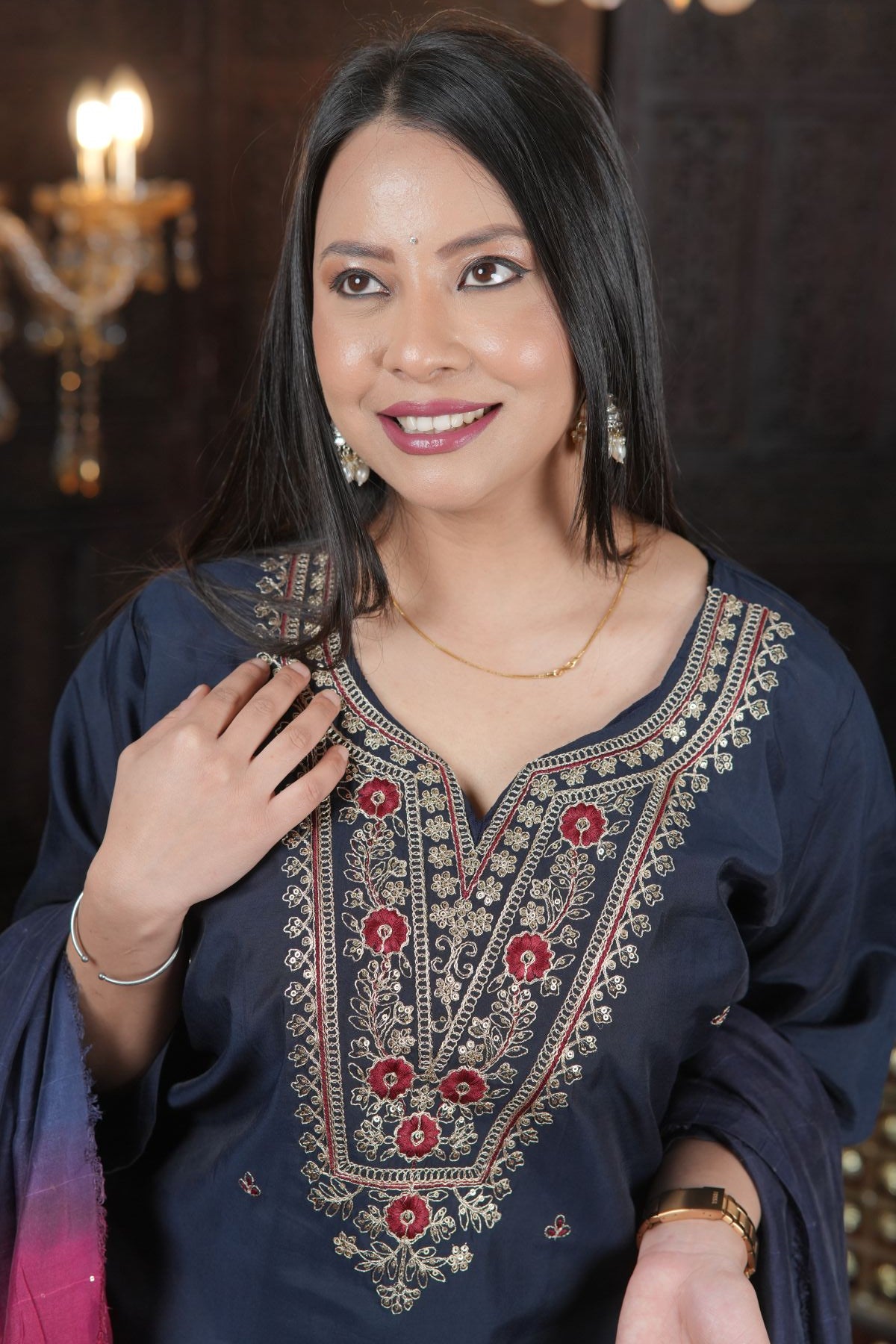 Tantikaa Navy Embroided Roman Silk Kurta Set with Ombre Dupatta